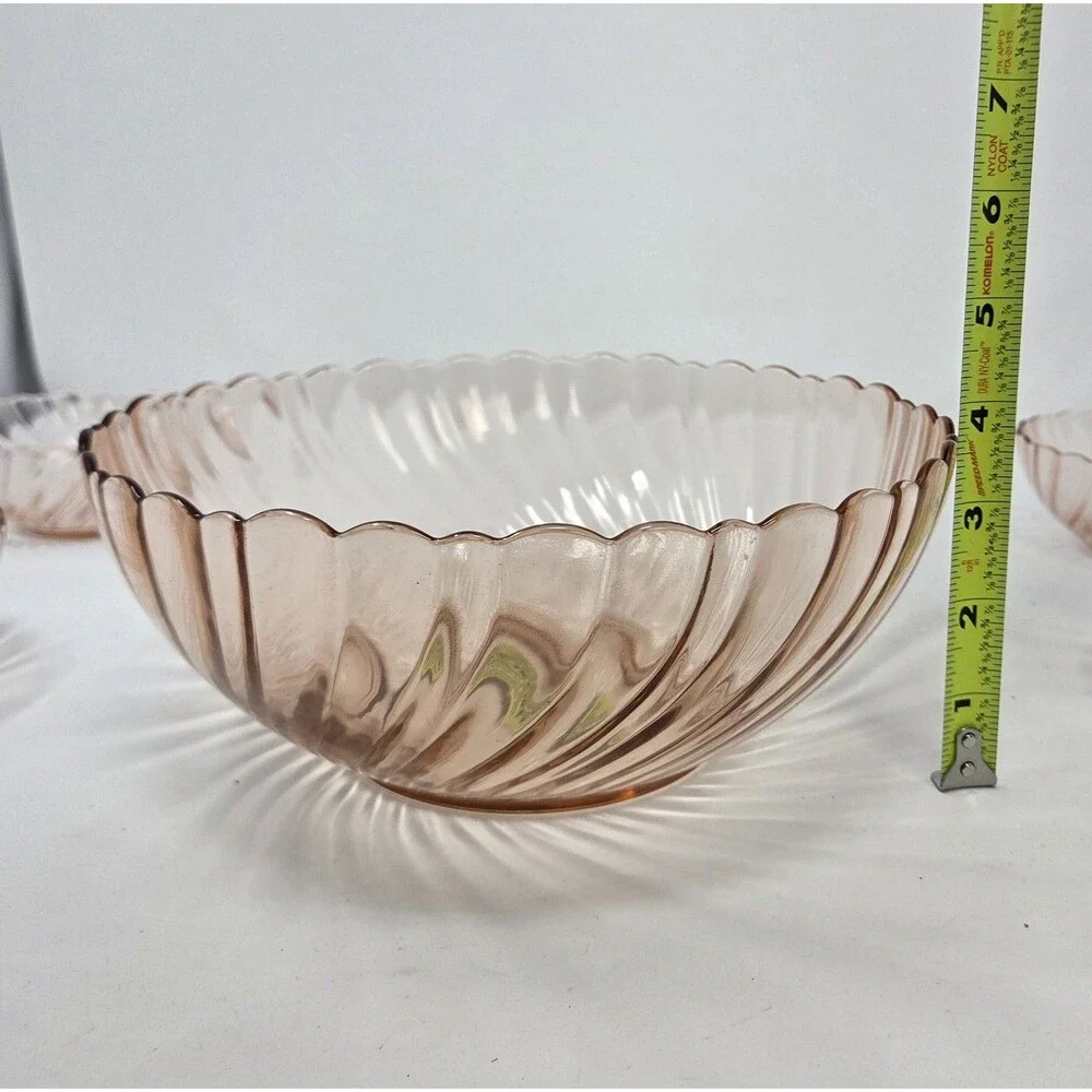 Arcoroc France Rosaline Pink Swirl Glass‎ Salad Bowl Set 7 Pc Vintage 1970s